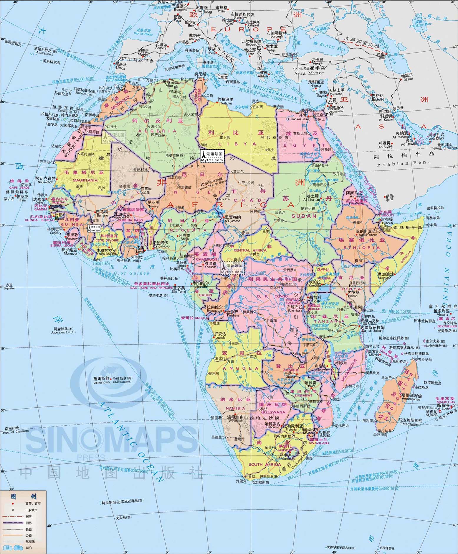 非洲地图『超大豪华版◎附带各国主要城市地理位置』